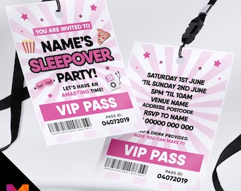 Personalised pink sleepover slumber party style VIP pass & lanyard Invitations Invites