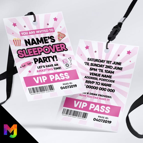 Personalized VIP Pass Lanyard For Girls Sleepover Party - Birthday, Hen Do, Night Party Invitation Accessory