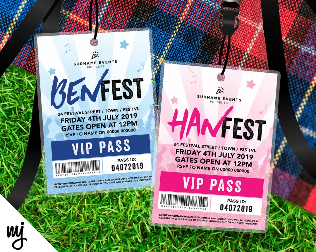 Personalised Festival Style VIP Pass & Lanyard Invitations Any Colour
