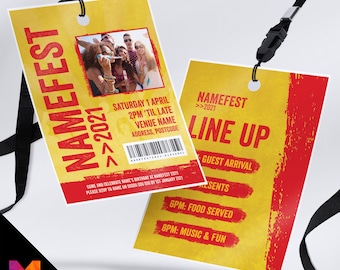 Personalised festival style VIP pass & lanyard Invitations Invites | Yellow design | Music summer fest