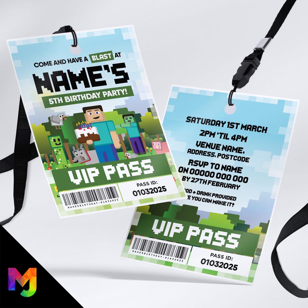 Personalised Minecraft Inspired VIP Pass Lanyard Invitations & Invites ...