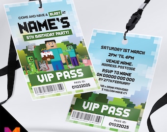 May include: Two VIP passes with black lanyards. The passes have a pixelated design with the text "NAME'S 5TH BIRTHDAY PARTY!" and "VIP PASS". One pass includes the date and time of the party.