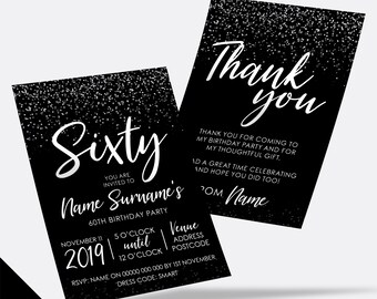 Personalised 60th birthday party Invitations Invites | Black white silver glitter modern design