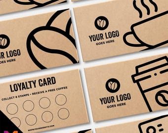 Custom printed kraft loyalty reward cards | Coffee shop cafe barista bistro restaurant kiosk drinks hot mug cup takeaway businesses