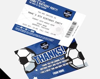 Personalised blue football ticket style party Invitations Invites + thank you cards | Any colours!