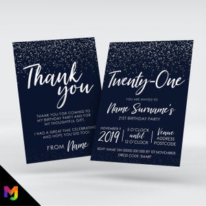 Personalised 21st birthday party invitations | Navy & white glitter style modern design zdjęcie 1