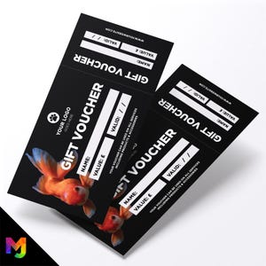May include: Two black gift vouchers with white text and a goldfish graphic. Each voucher has fields for name, value, and validity. The website address is visible at the top. The vouchers are angled, creating a dynamic composition.