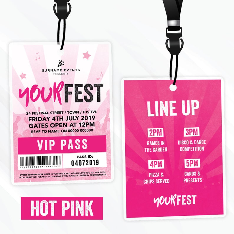 Personalised festival style VIP pass & lanyard invitations Any colour Music summer fest zdjęcie 4