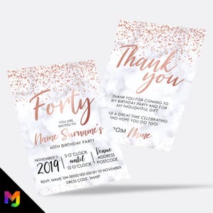 Personalised 40th birthday party Invitations Invites | Marble rose gold glitter modern design