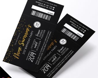 Personalised 21st birthday party gold glitter ticket style Invitations Invites | Perforated | Any age!