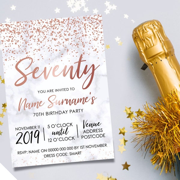 Personalised 70th birthday party invitations | Marble rose gold glitter modern design