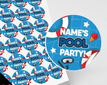 Personalised Pool Party Stickers | For Goodie bags / Cups | Round Matt Stickers | Kids Swimming