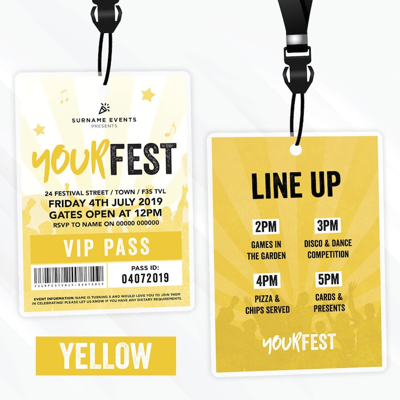 Personalised festival style VIP pass & lanyard invitations Any colour Music summer fest zdjęcie 8