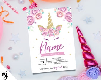 Personalised Unicorn flowers style invitations & thank you cards