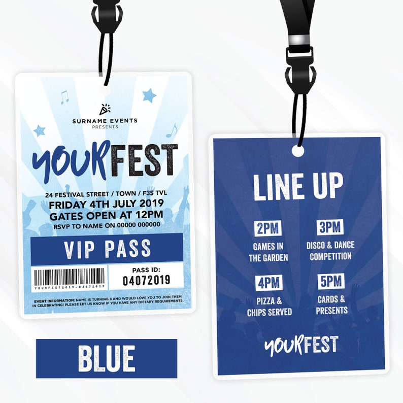 Personalised festival style VIP pass & lanyard invitations Any colour Music summer fest image 3
