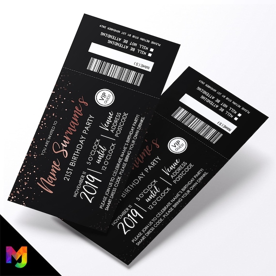 Personalised 21st birthday party rose gold glitter ticket style Invitations Invites | Perforated | Any age!