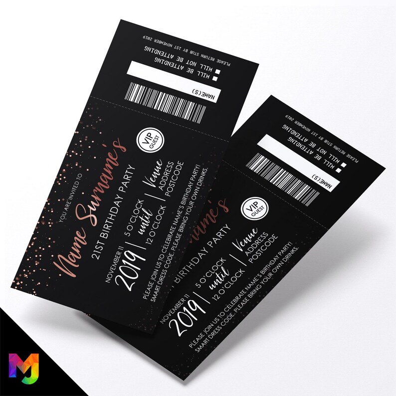 Peut inclure: Deux billets VIP noirs pour une f&ecirc;te d'anniversaire avec du texte et des accents or rose. Les billets comprennent le nom, la date, l'heure et les d&eacute;tails du lieu pour une c&eacute;l&eacute;bration du 21e anniversaire. Les billets ont &eacute;galement un code-barres et un espace pour le nom de l'invit&eacute;.