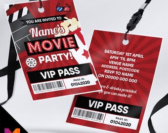 Personalised Movie Night VIP Pass Lanyard Invitations Invites – Cinema Party