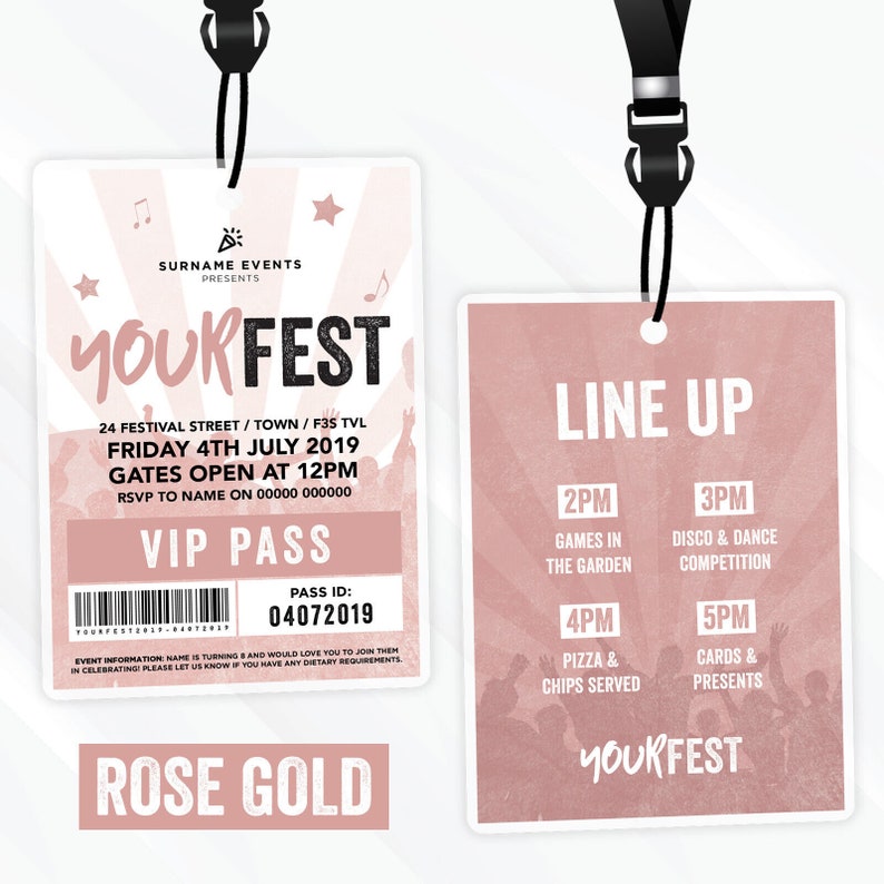 Personalised festival style VIP pass & lanyard invitations Any colour Music summer fest zdjęcie 6