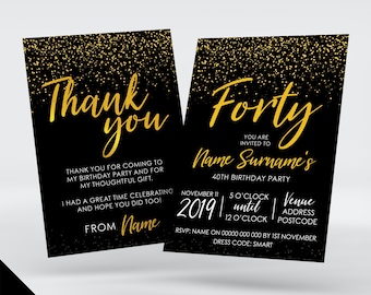 Personalised 40th birthday party Invitations Invites | Gold black glitter modern design