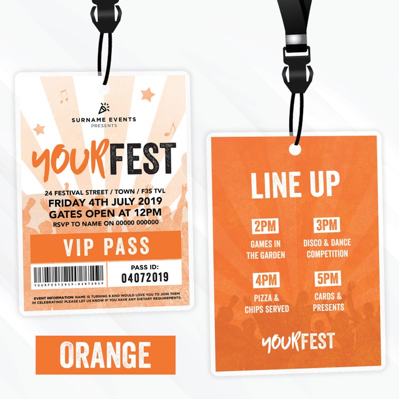 Personalised festival style VIP pass & lanyard invitations Any colour Music summer fest zdjęcie 2