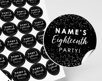 Personalised 18th birthday party round stickers | black white glitter style