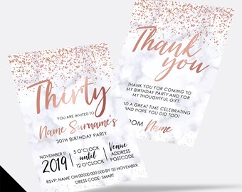 Personalised 30th birthday party Invitations Invites | Marble rose gold glitter modern design