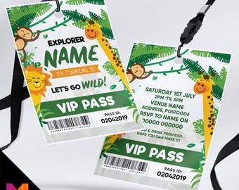 Personalised Jungle Animals style VIP pass & lanyard Invitations Invites