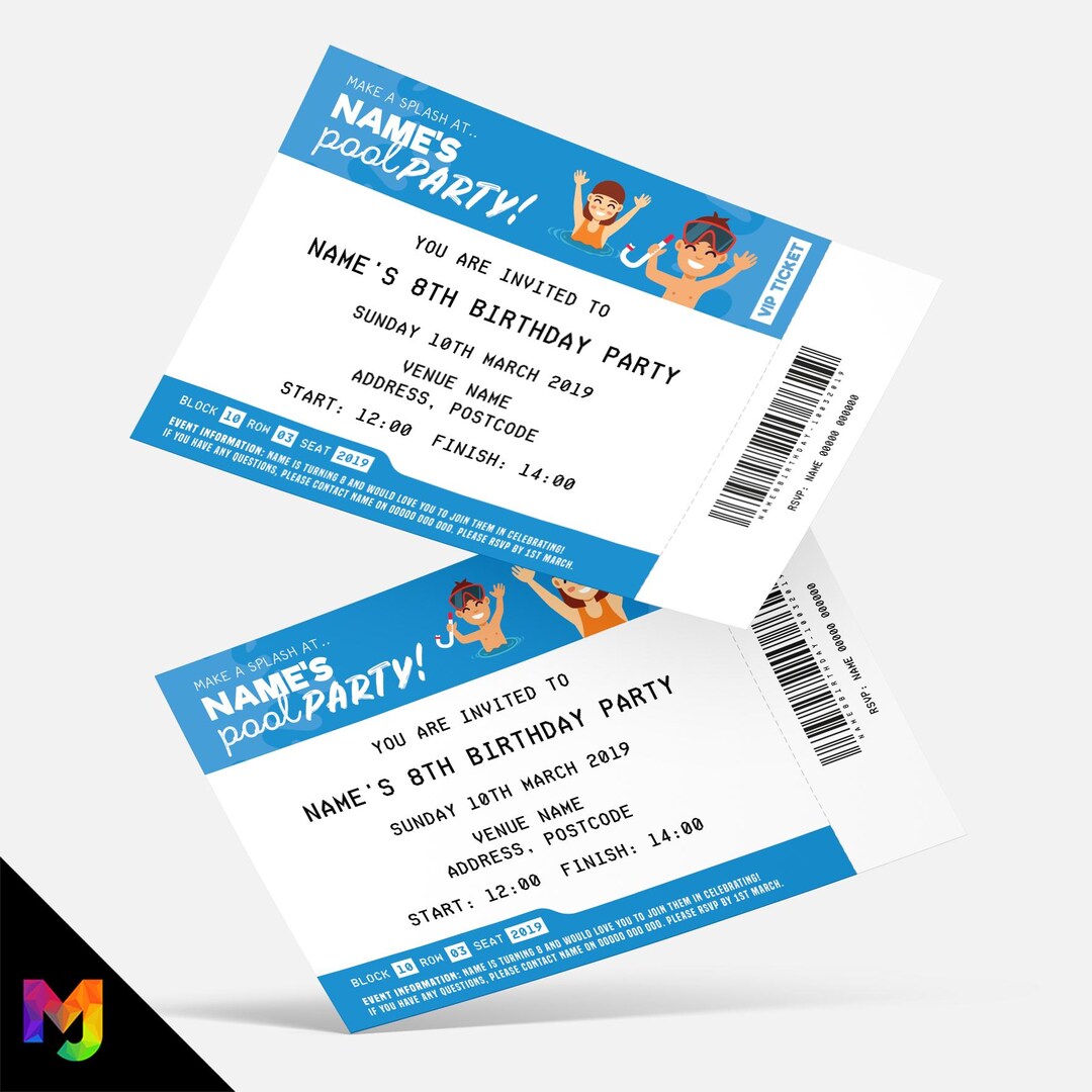 Personalised Pool Party Ticket Style Invitations Invites - Etsy UK