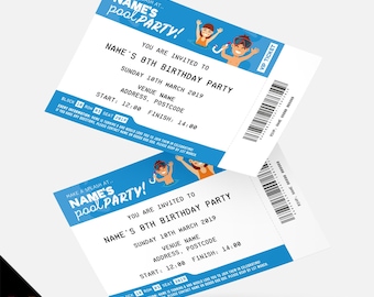 Personalised pool party ticket style Invitations Invites