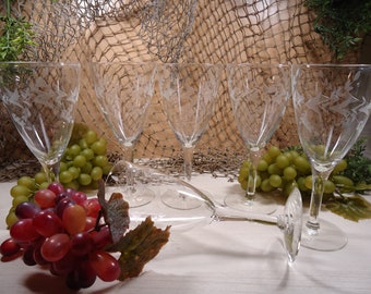 set of 6 Etched frosted stemmed wine/ champagne  glasses