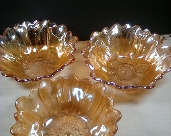 3 Carnival Amber glass round bowls