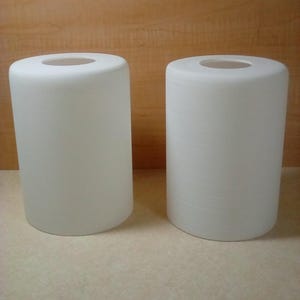 May include: Two cylindrical lamp shades made of white frosted glass. Each shade features a smooth, matte surface with a circular opening at the top, designed to fit over a light fixture. The shades are identical in shape, size, and color.
