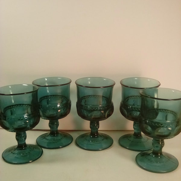 set of 5 beautiful pedestal teal blue  King's Crown thumbprint glasses