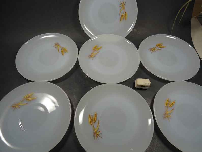 milk glass saucers Set of 7 Fire king wheat design