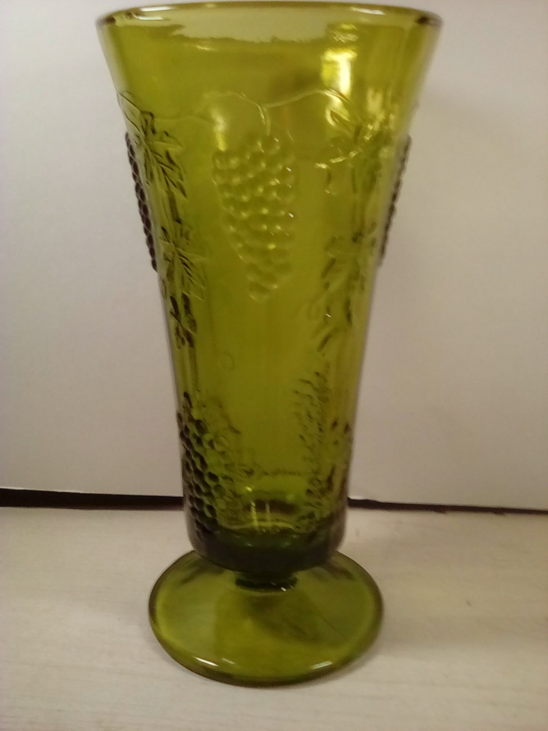 Tall Indiana Green Footed Vase Grapes Vines Leaves Etsy