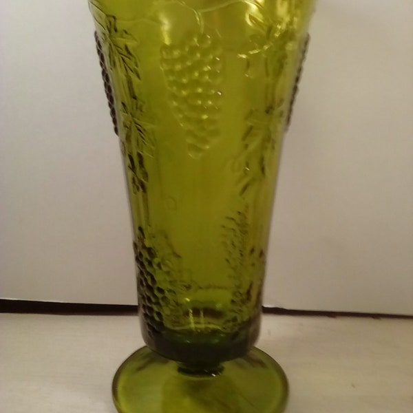 Tall Indiana Green footed vase grapes vines  leaves