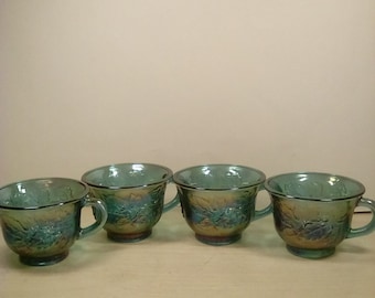 Vintage 4 Carnival glass Iridescent Harvest Blue cups