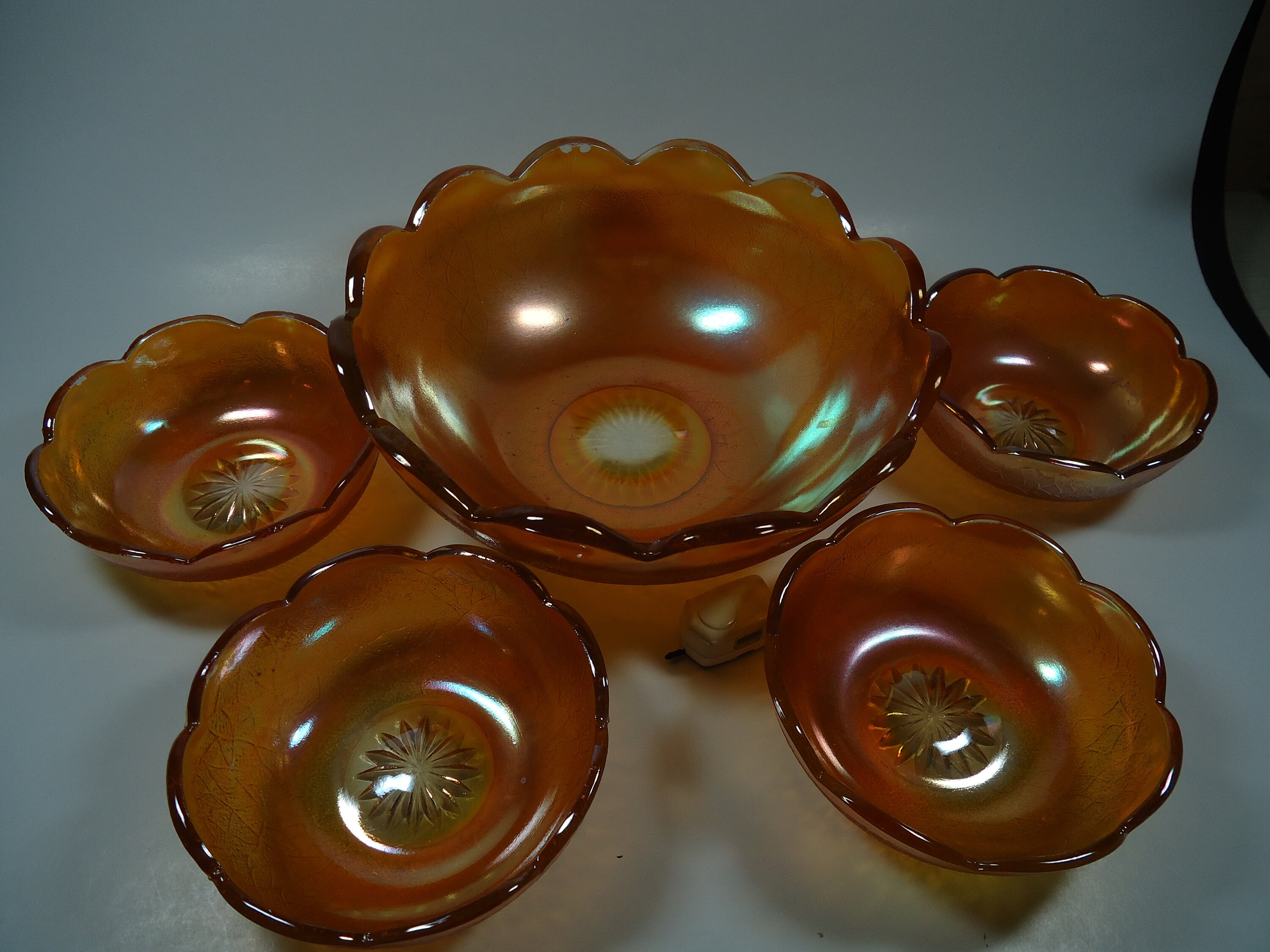 Set of 5 amber carnival glass round bowls Etsy