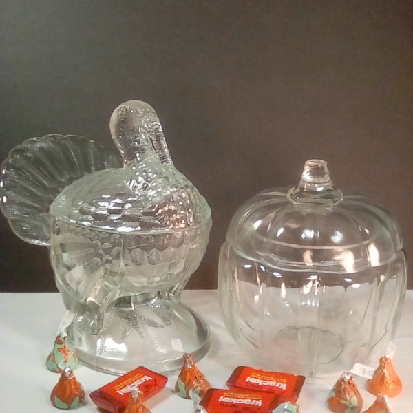 2 clear glass fall nut/candy dishes, LE  Smith Tom Turkey dish, small pumpkin candy dish