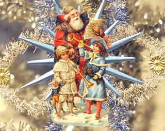 Dresden Blue and Silver Tinsel Ornament with Vintage German Santa with Children