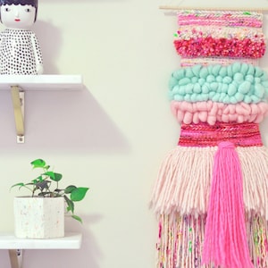Yarn Weaving with Pink, Aqua and Funfetti Yarn Aqua and Pink Roving Wall Hanging Small Size