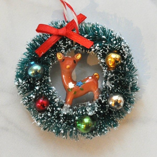 Small Bottle Brush Wreath Ornament with Flowery Baby Fawn and Vintage Mercury Ball Ornaments