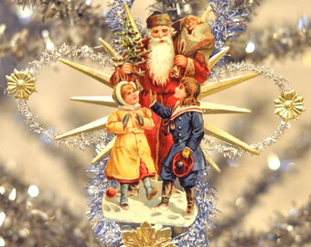 Dresden Blue and Silver Tinsel Ornament with Vintage German Santa with Children