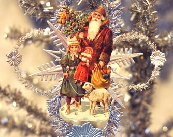 Dresden Blue and Silver Tinsel Ornament with Vintage German Santa with Children