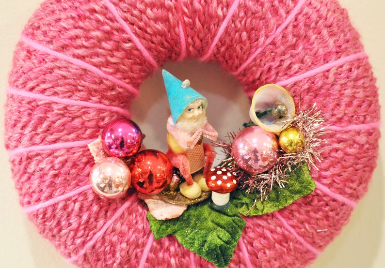 Small Hot Pink Vintage Elf Yarn Wreath with Vintage Mercury Ornaments Mushroom and Velvet Millinery 9