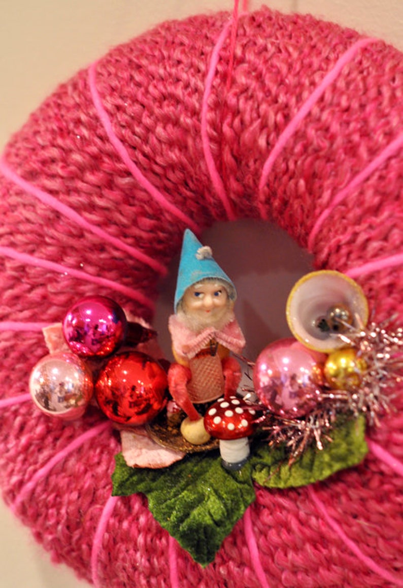 Small Hot Pink Vintage Elf Yarn Wreath with Vintage Mercury Ornaments Mushroom and Velvet Millinery 9