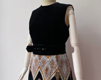 Vintage Black Velvet Maxi Dress: Sleeveless Abstract Print, Size M