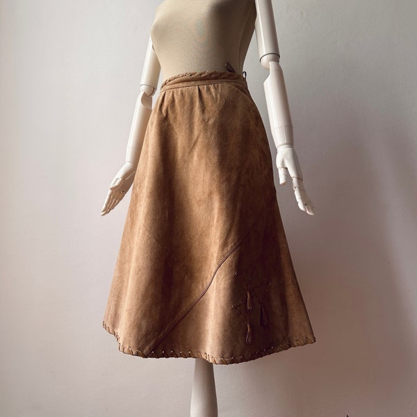Vintage - 100% Real Suede Leather A Line Beige Midi Skirt