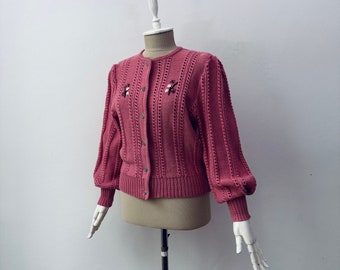 Vintage - 100% Pure Wool - Women's Knit Cardigan Puff Sleeves Jacket